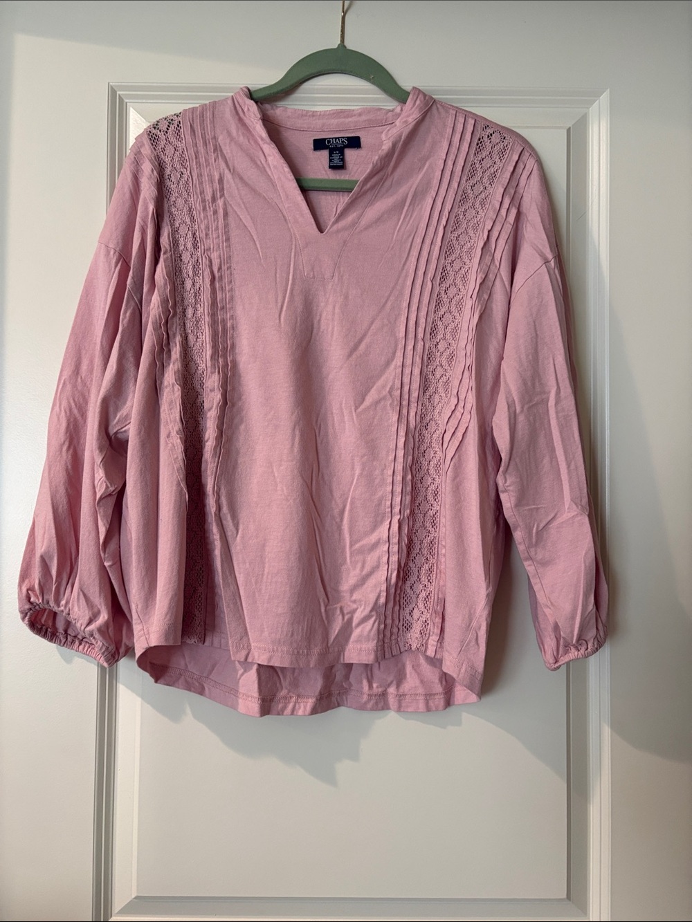 Chaps Light Pink Lace-Trim V-Neck Tunic Top